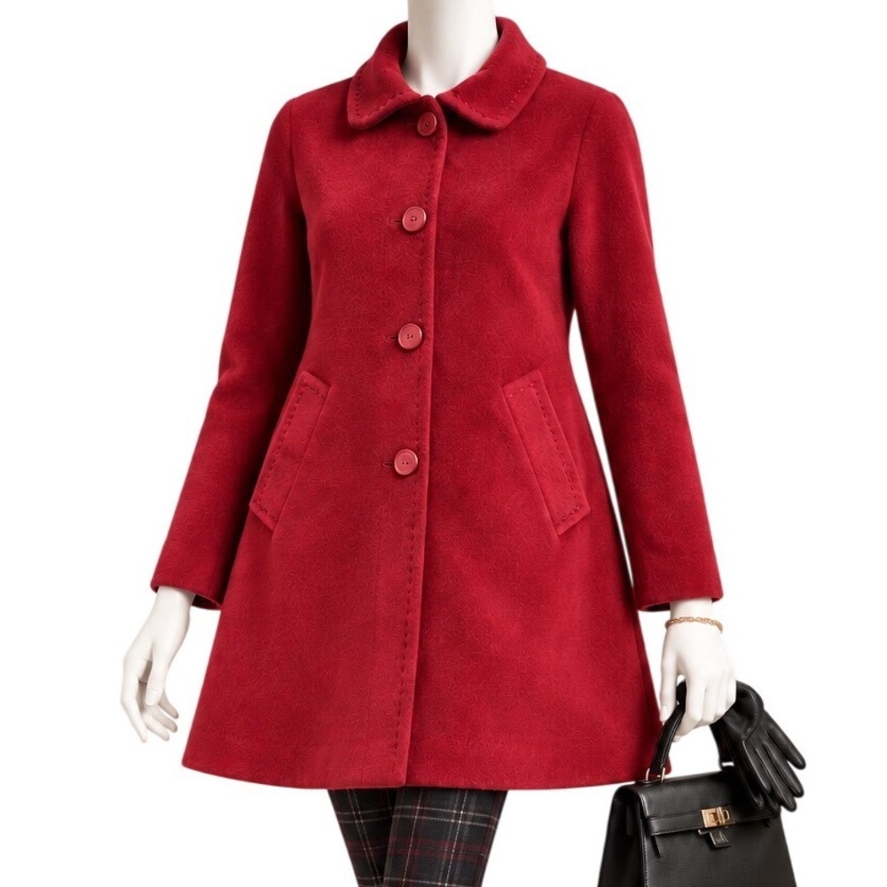 ELLEN TRACY Ruby Red Wool + Angora Blend Swing Coat Pick Stitching | Sz 6
